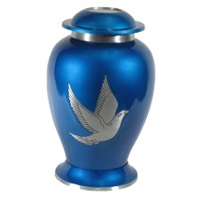 Urn - Solid Metal - Blue Finish, Flying Doves